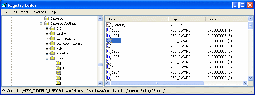 Internet Explorer registry values